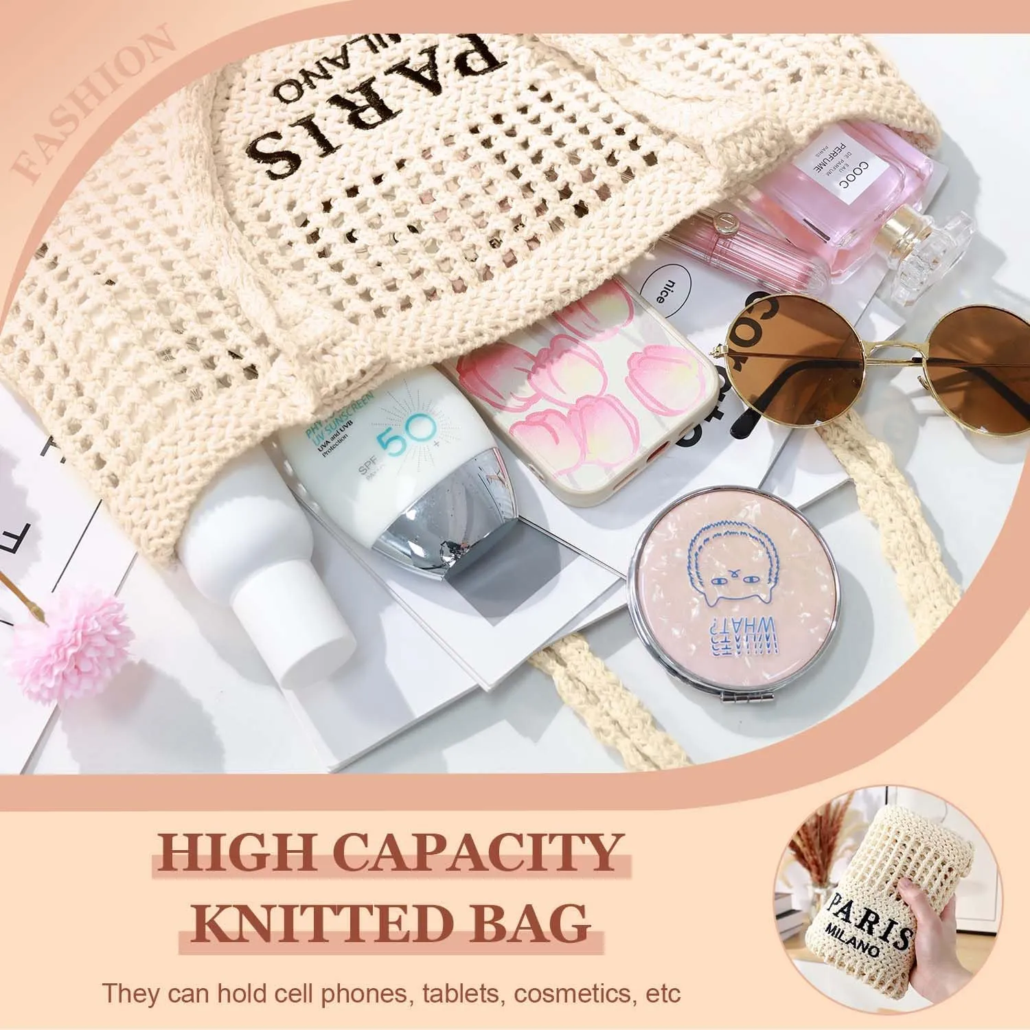 Ayieyill Crochet Tote Bag For Women, Crochet Mesh Beach Tote Bag Summer Vacation Aesthetic Boho Knit Bag for Women