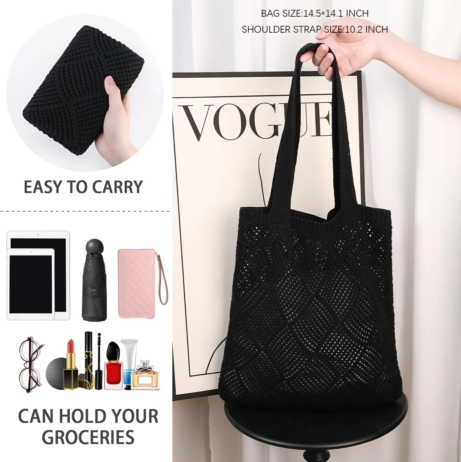 Ayieyill Crochet Tote Bag For Women, Crochet Mesh Beach Tote Bag Summer Vacation Aesthetic Boho Knit Bag for Women