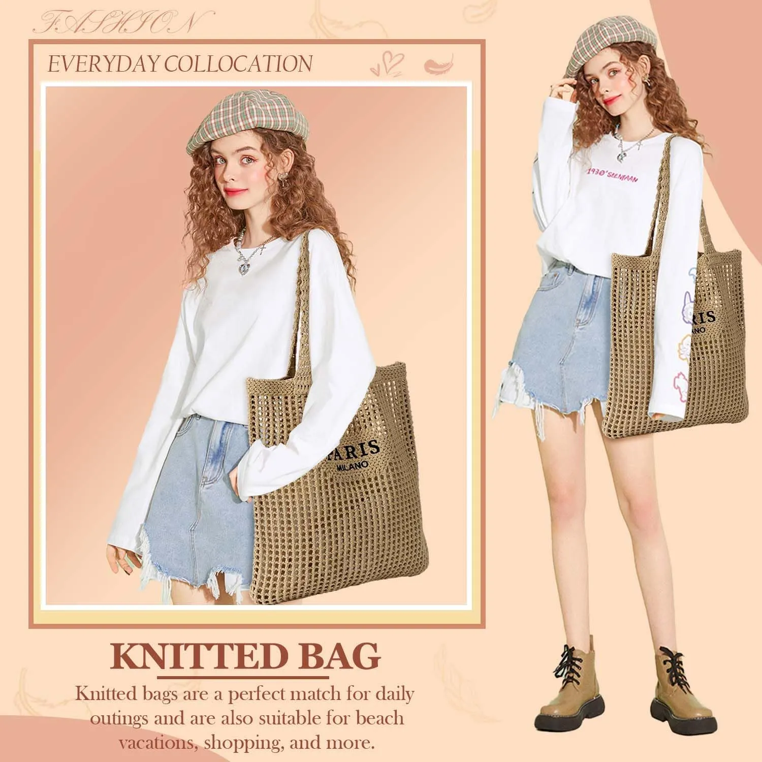 Ayieyill Crochet Tote Bag For Women, Crochet Mesh Beach Tote Bag Summer Vacation Aesthetic Boho Knit Bag for Women