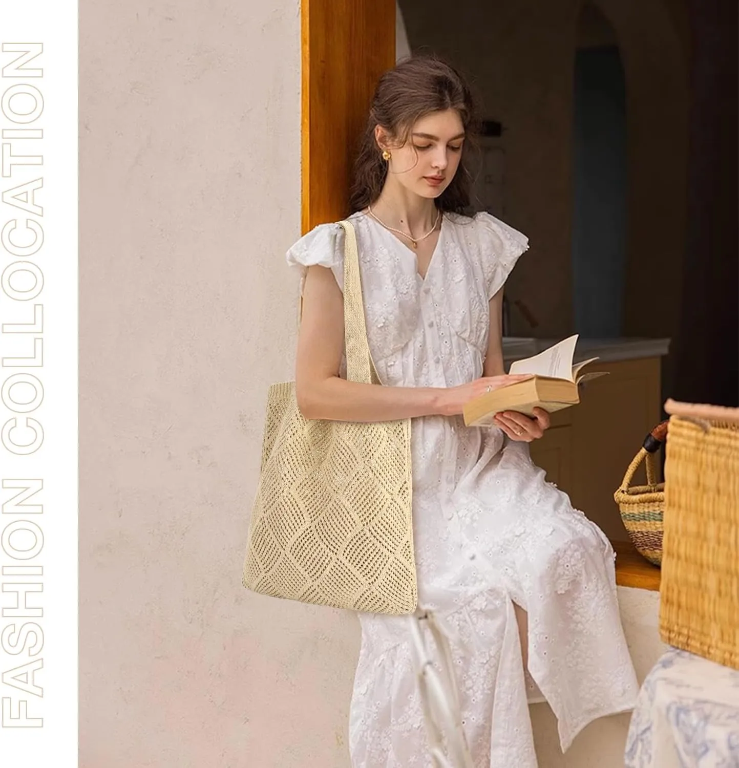 Ayieyill Crochet Tote Bag For Women, Crochet Mesh Beach Tote Bag Summer Vacation Aesthetic Boho Knit Bag for Women