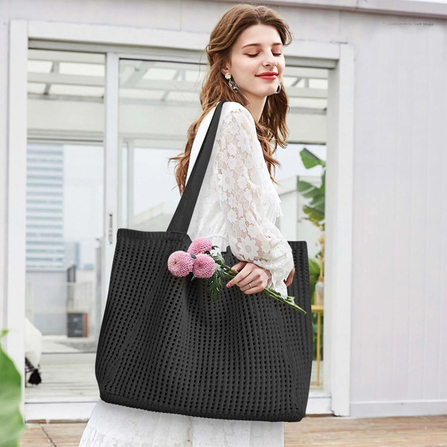 Ayieyill Crochet Tote Bag For Women, Crochet Mesh Beach Tote Bag Summer Vacation Aesthetic Boho Knit Bag for Women