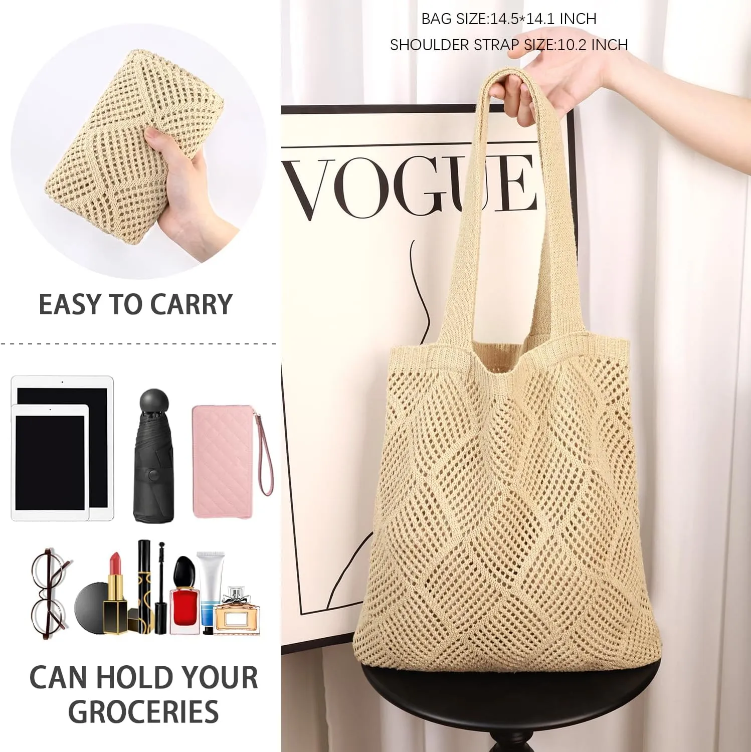 Ayieyill Crochet Tote Bag For Women, Crochet Mesh Beach Tote Bag Summer Vacation Aesthetic Boho Knit Bag for Women