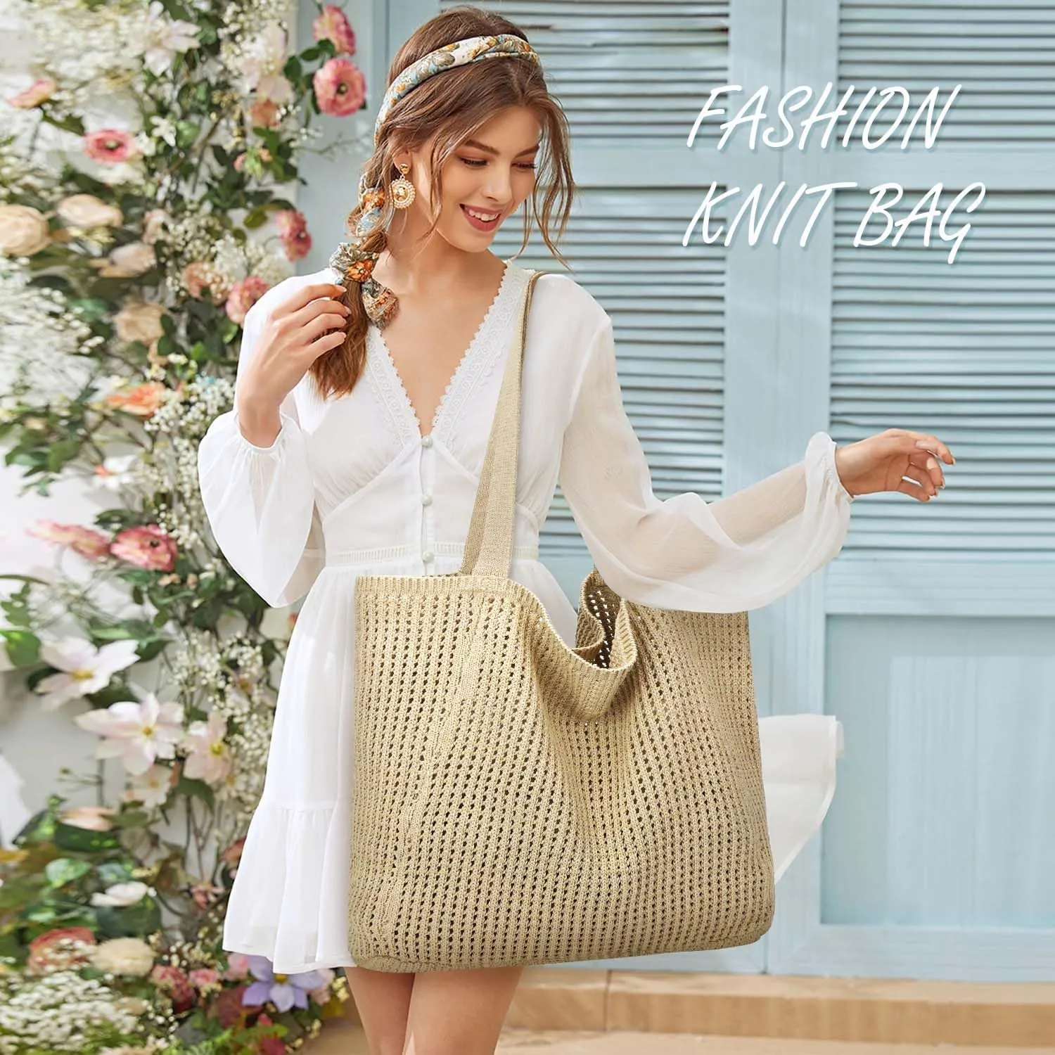 Ayieyill Crochet Tote Bag For Women, Crochet Mesh Beach Tote Bag Summer Vacation Aesthetic Boho Knit Bag for Women