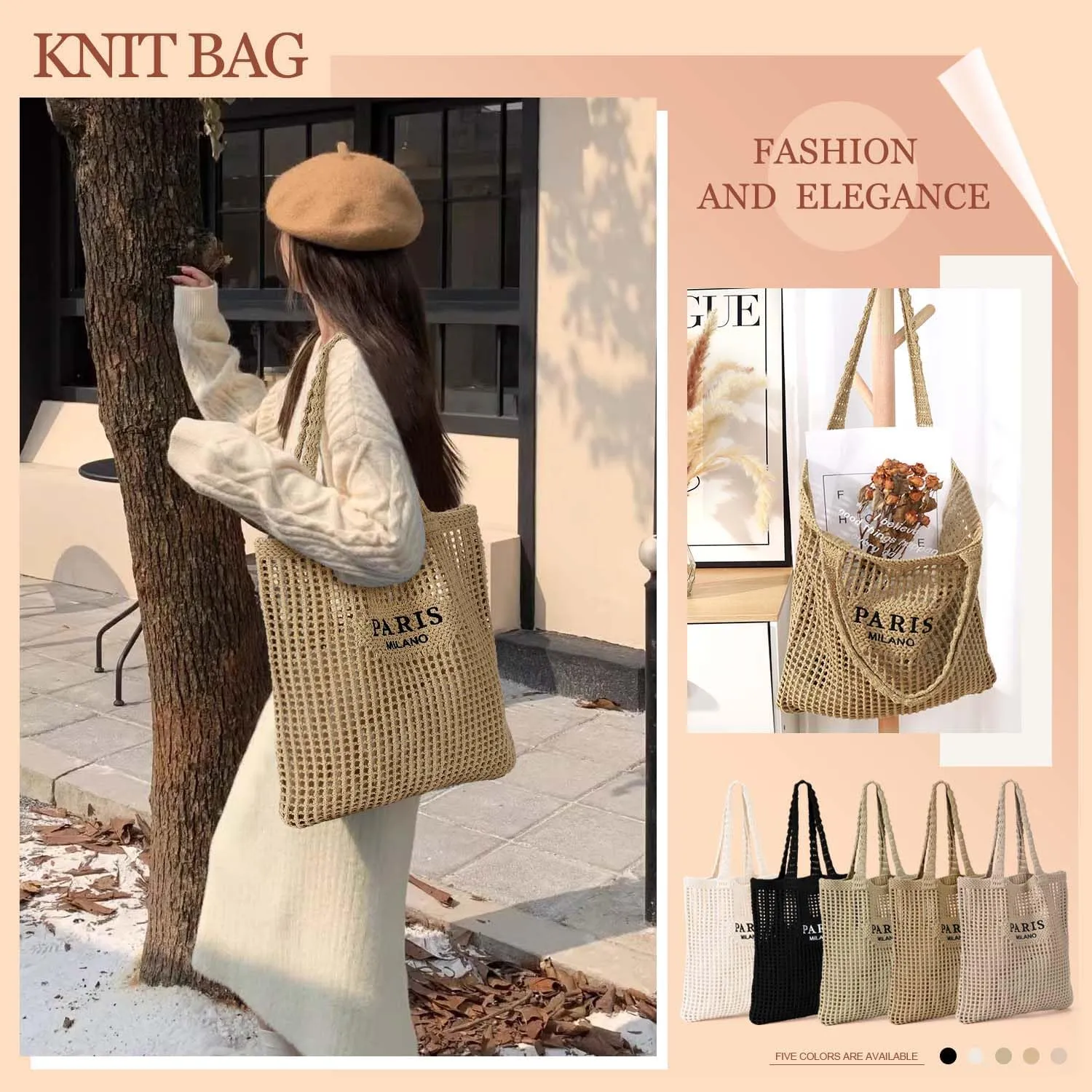 Ayieyill Crochet Tote Bag For Women, Crochet Mesh Beach Tote Bag Summer Vacation Aesthetic Boho Knit Bag for Women