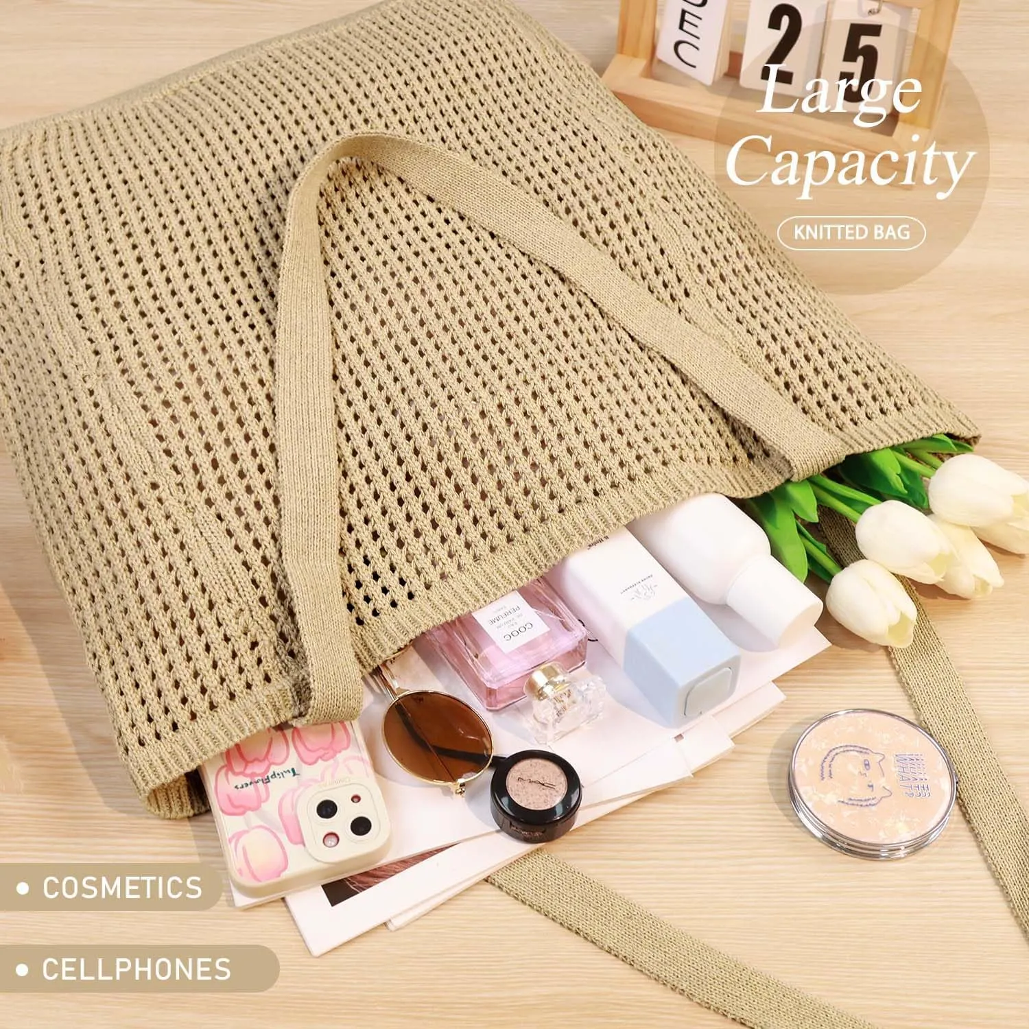Ayieyill Crochet Tote Bag For Women, Crochet Mesh Beach Tote Bag Summer Vacation Aesthetic Boho Knit Bag for Women