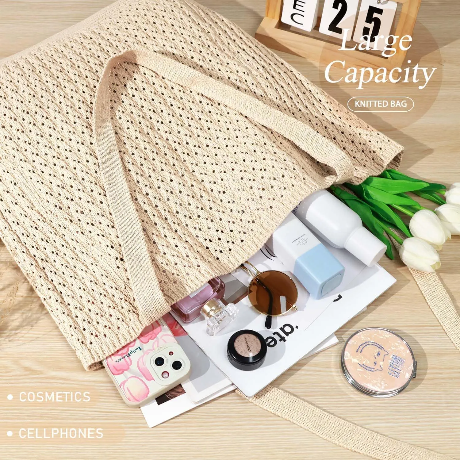 Ayieyill Crochet Tote Bag For Women, Crochet Mesh Beach Tote Bag Summer Vacation Aesthetic Boho Knit Bag for Women