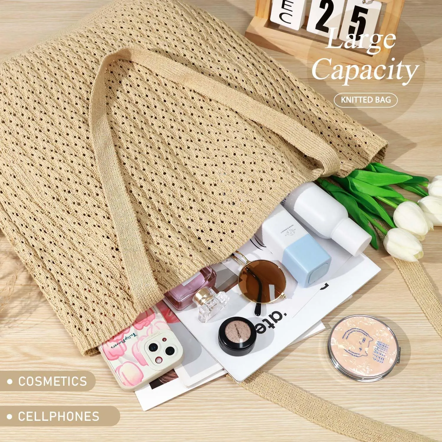Ayieyill Crochet Tote Bag For Women, Crochet Mesh Beach Tote Bag Summer Vacation Aesthetic Boho Knit Bag for Women