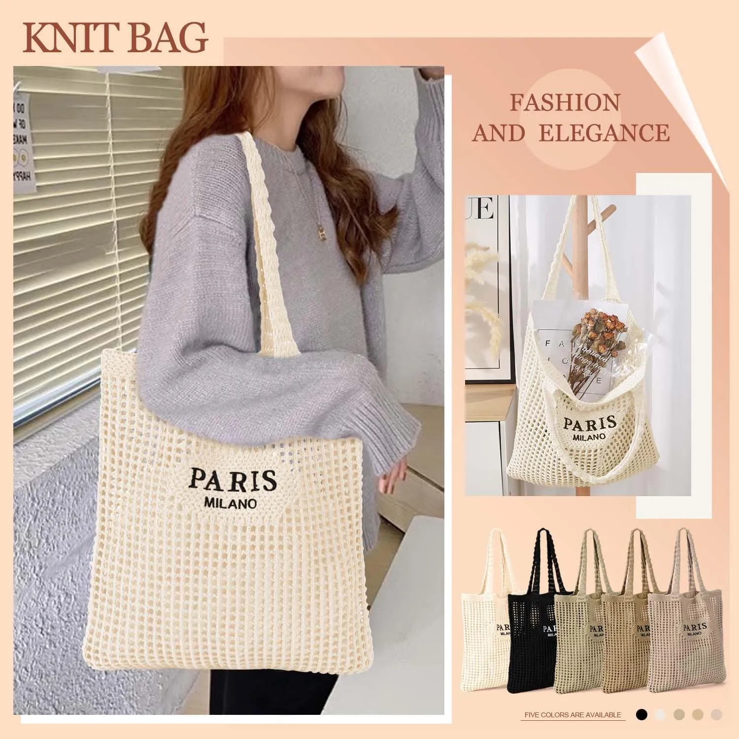 Ayieyill Crochet Tote Bag For Women, Crochet Mesh Beach Tote Bag Summer Vacation Aesthetic Boho Knit Bag for Women