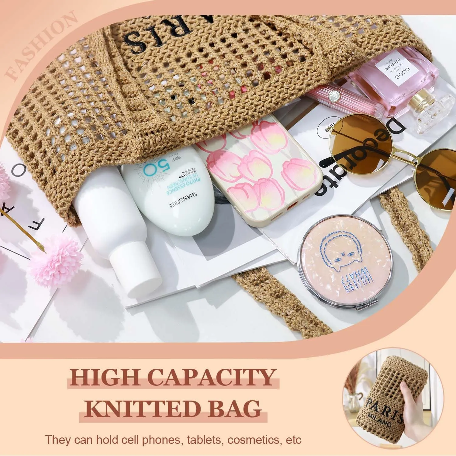 Ayieyill Crochet Tote Bag For Women, Crochet Mesh Beach Tote Bag Summer Vacation Aesthetic Boho Knit Bag for Women