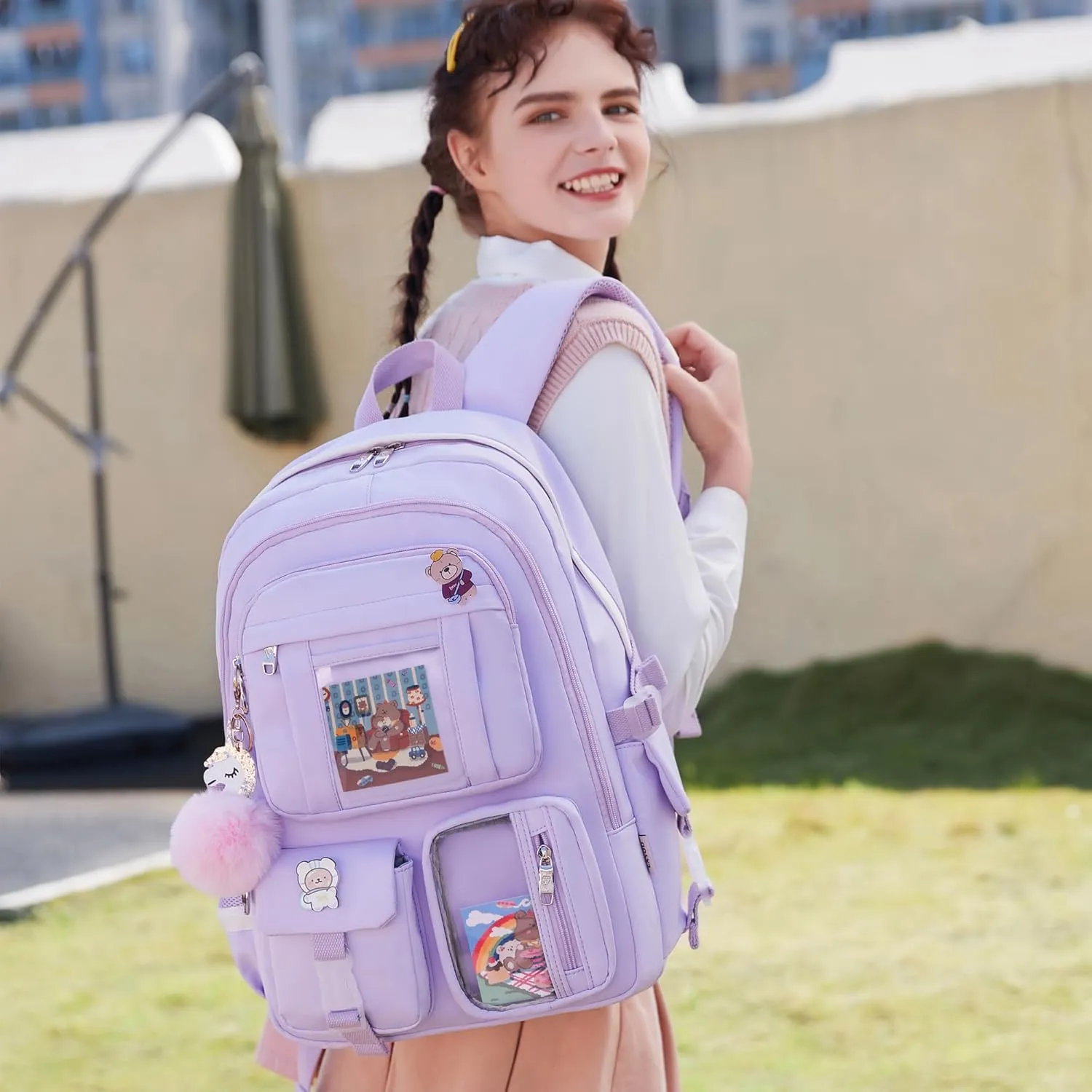 Backpack for Girls with Accessories Laptop Bookbags 16 Inch Kawaii Kids Elementary Middle High School Bag College Travel Daypack Gifts for Teens Women Students (Purple)