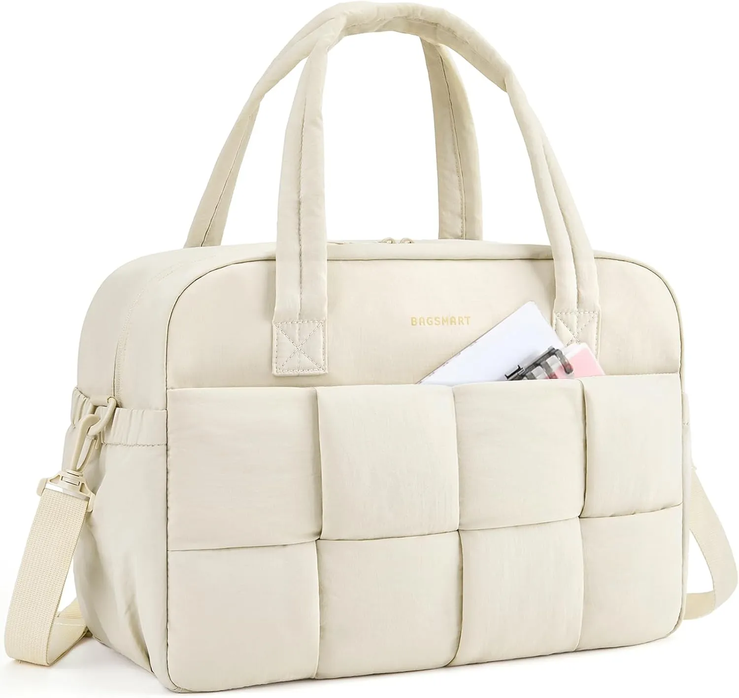 BAGSMART Gym Bag for Women, 29L Puffer Travel Duffle Bag for Travel with Laptop Compartment, Weekender Bags for Women, Carry On Duffel Bag Personal Item Bag, Beige