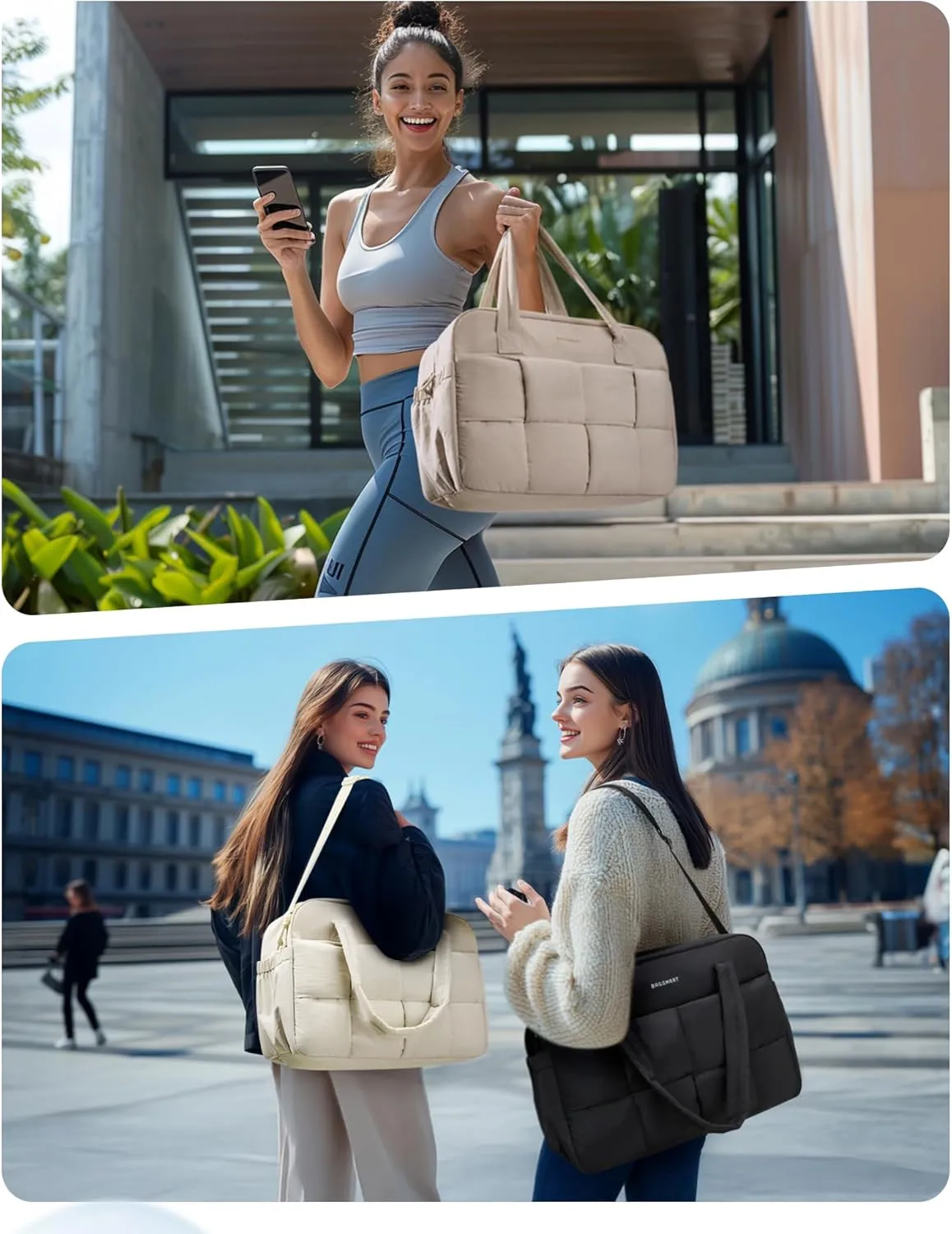 BAGSMART Gym Bag for Women, 29L Puffer Travel Duffle Bag for Travel with Laptop Compartment, Weekender Bags for Women, Carry On Duffel Bag Personal Item Bag, Beige