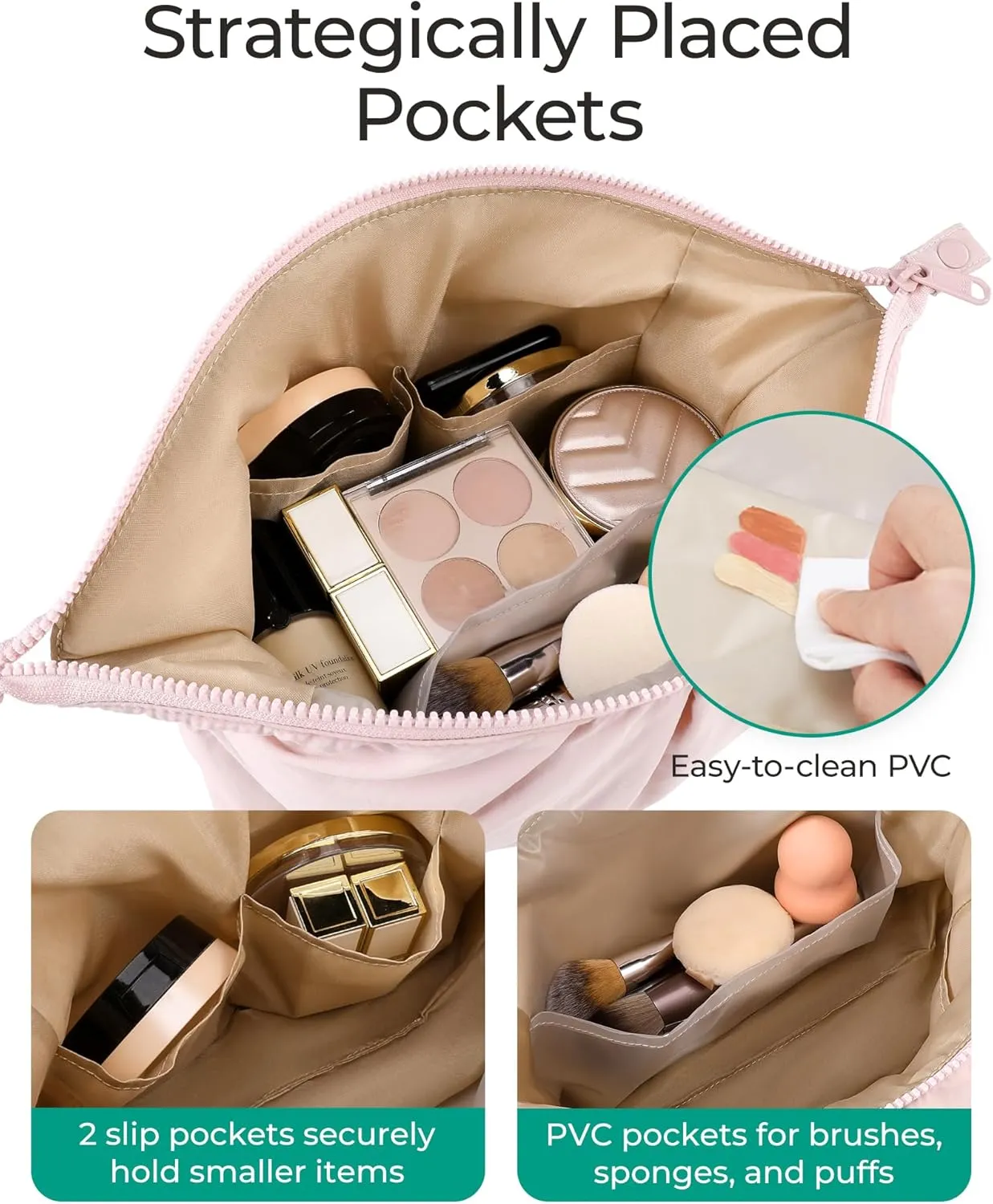BAGSMART Makeup Bag Travel Makeup Bag, Cute Make Up Bag, Large Capacity Cosmetic Bags for Women, Wide-open Makeup Pouch Travel Essentials Toiletries Accessories Brushes (Nude Pink)