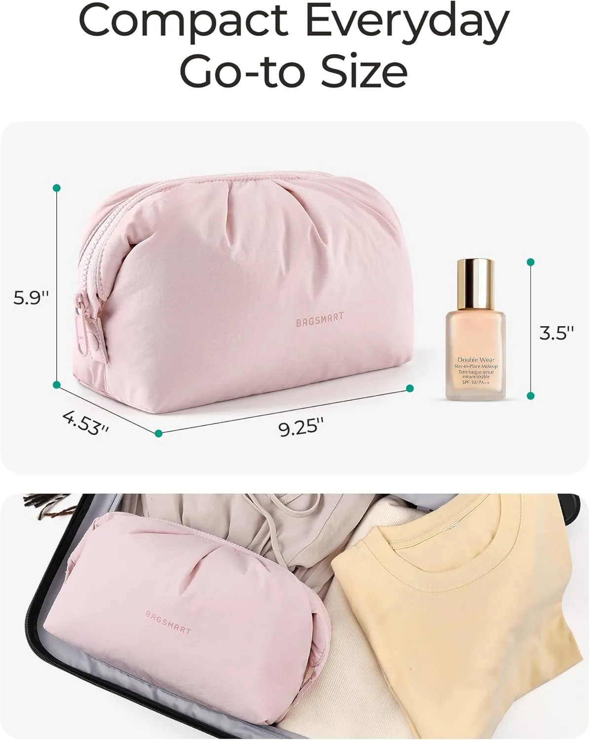 BAGSMART Makeup Bag Travel Makeup Bag, Cute Make Up Bag, Large Capacity Cosmetic Bags for Women, Wide-open Makeup Pouch Travel Essentials Toiletries Accessories Brushes (Nude Pink)