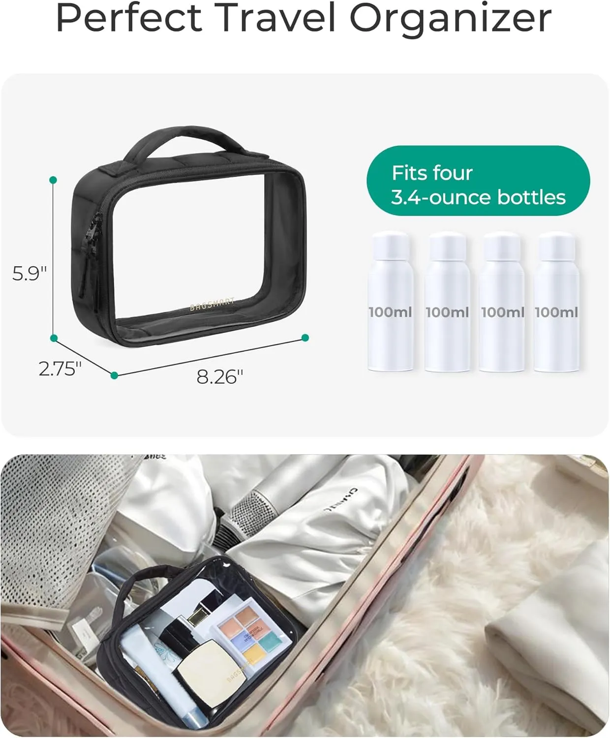 BAGSMART TSA-Approved Clear Toiletry Bag for Women Travel, Large Cosmetic Makeup Bag with Double Zipper Handle, Puffy Edges Design