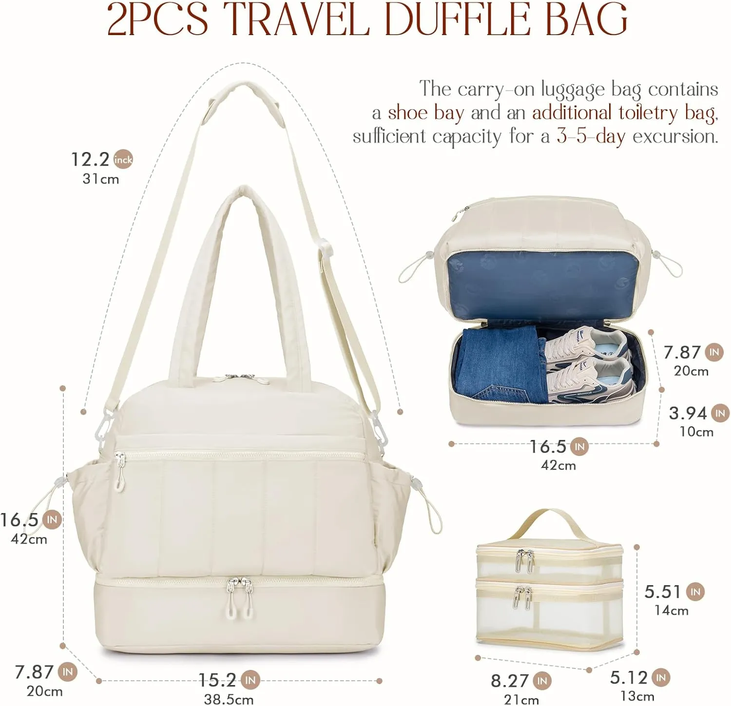 BAGZY Travel Duffel Bag for Women, Lightweight Puffer Gym Bag with Shoe Compartment and Wet Pocket Large for Hospital Weekender Carry on Overnight Bag with Toiletry 32L Beige