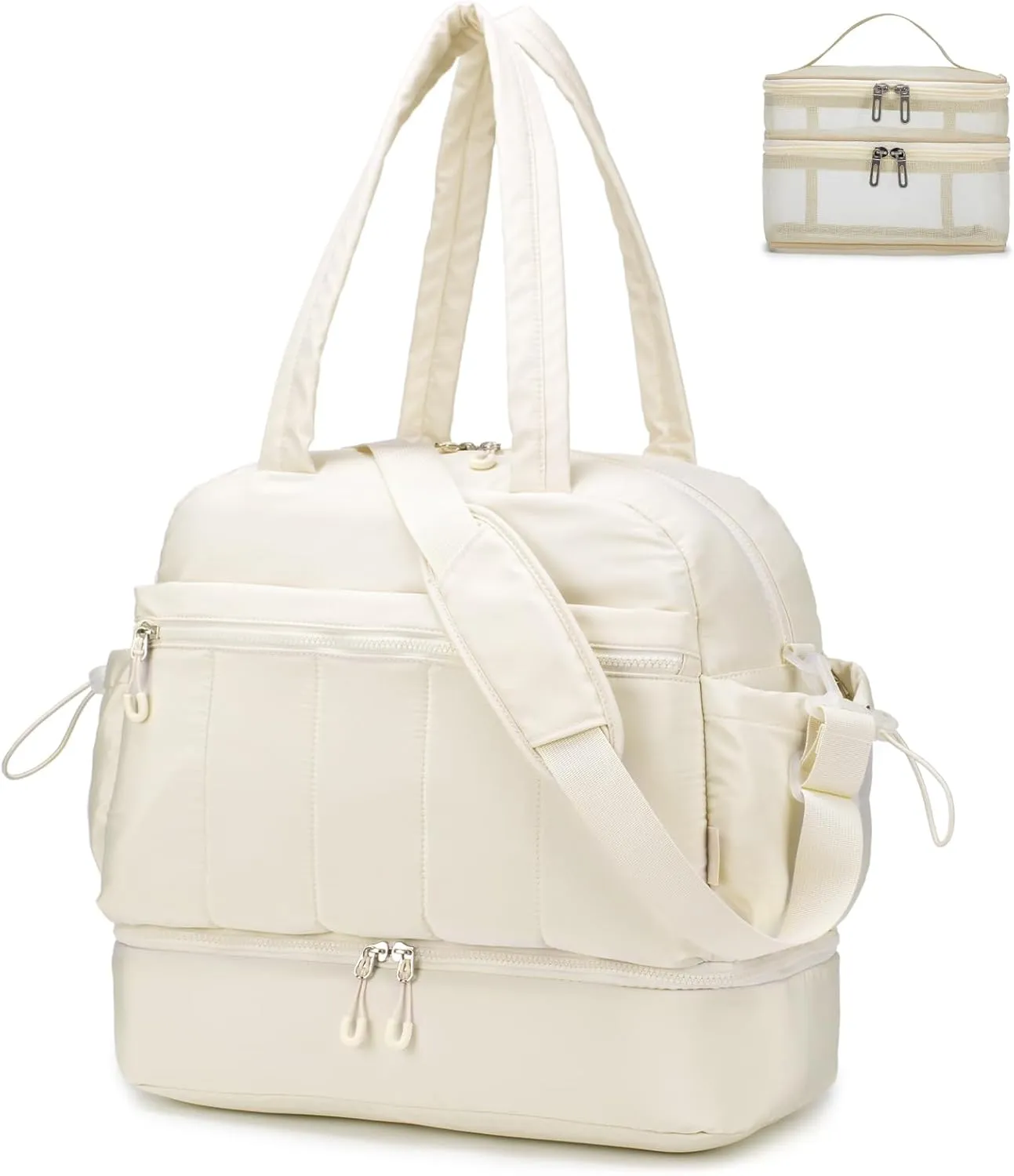 BAGZY Travel Duffel Bag for Women, Lightweight Puffer Gym Bag with Shoe Compartment and Wet Pocket Large for Hospital Weekender Carry on Overnight Bag with Toiletry 32L Beige
