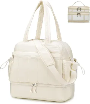 BAGZY Travel Duffel Bag for Women, Lightweight Puffer Gym Bag with Shoe Compartment and Wet Pocket Large for Hospital Weekender Carry on Overnight Bag with Toiletry 32L Beige