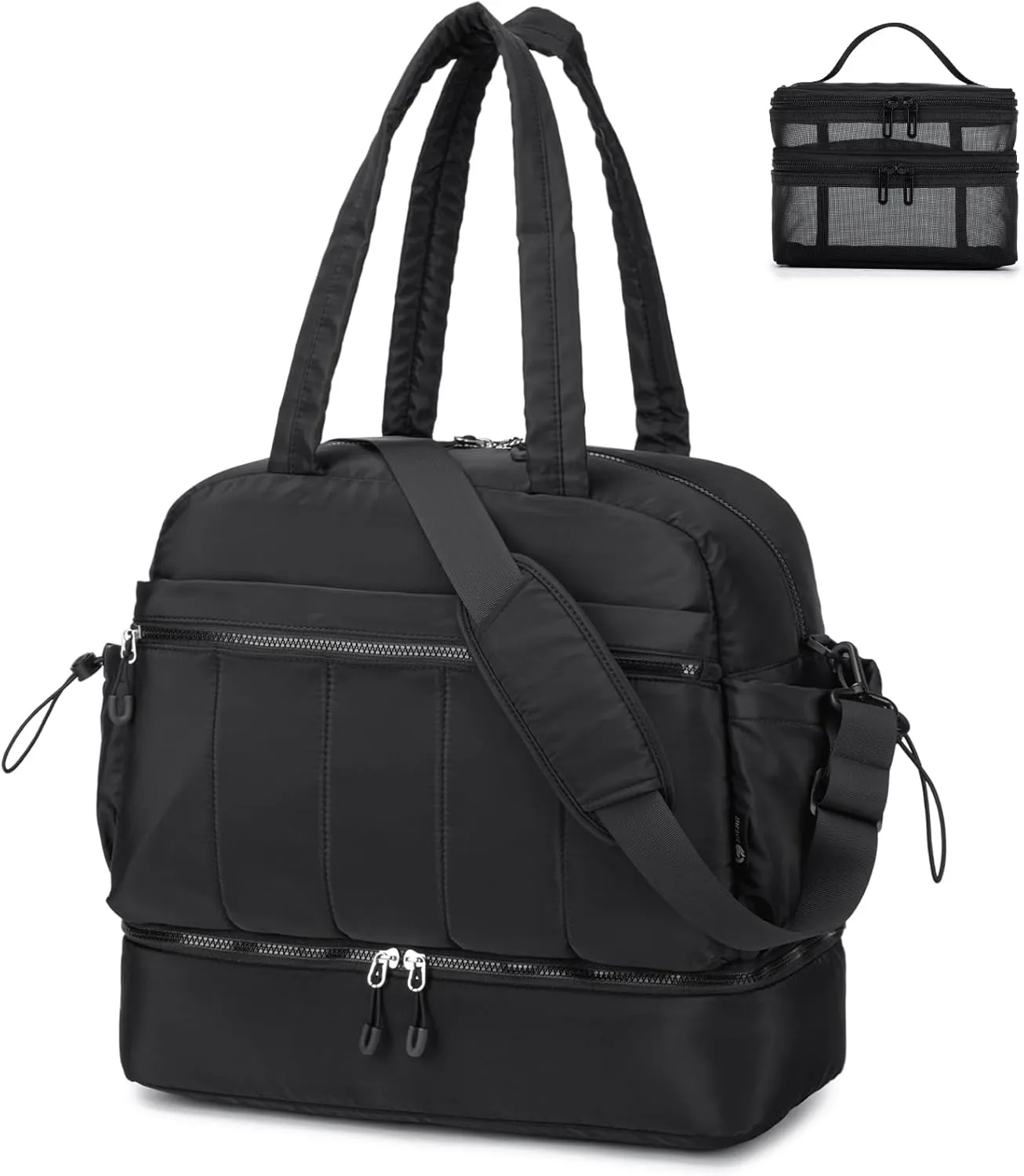 BAGZY Travel Duffel Bag for Women, Lightweight Puffer Gym Bag with Shoe Compartment and Wet Pocket Large for Hospital Weekender Carry on Overnight Bag with Toiletry 32L Black