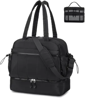 BAGZY Travel Duffel Bag for Women, Lightweight Puffer Gym Bag with Shoe Compartment and Wet Pocket Large for Hospital Weekender Carry on Overnight Bag with Toiletry 32L Black