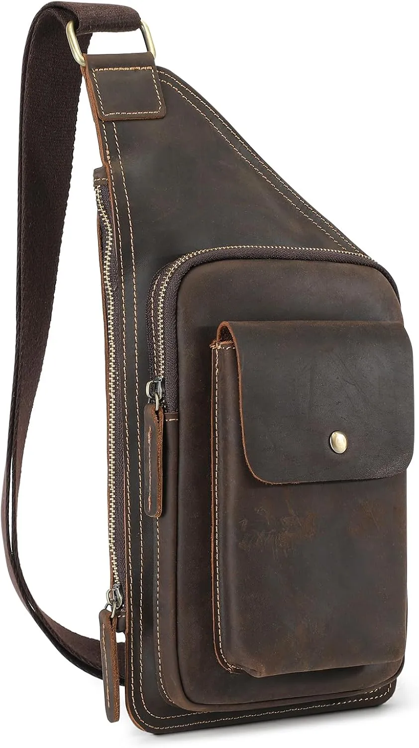BAIGIO Genuine Leather Sling Bag for Men Fashion Casual Crossbody Bag Vintage Chest Bag for Men Hiking Travel Daypack