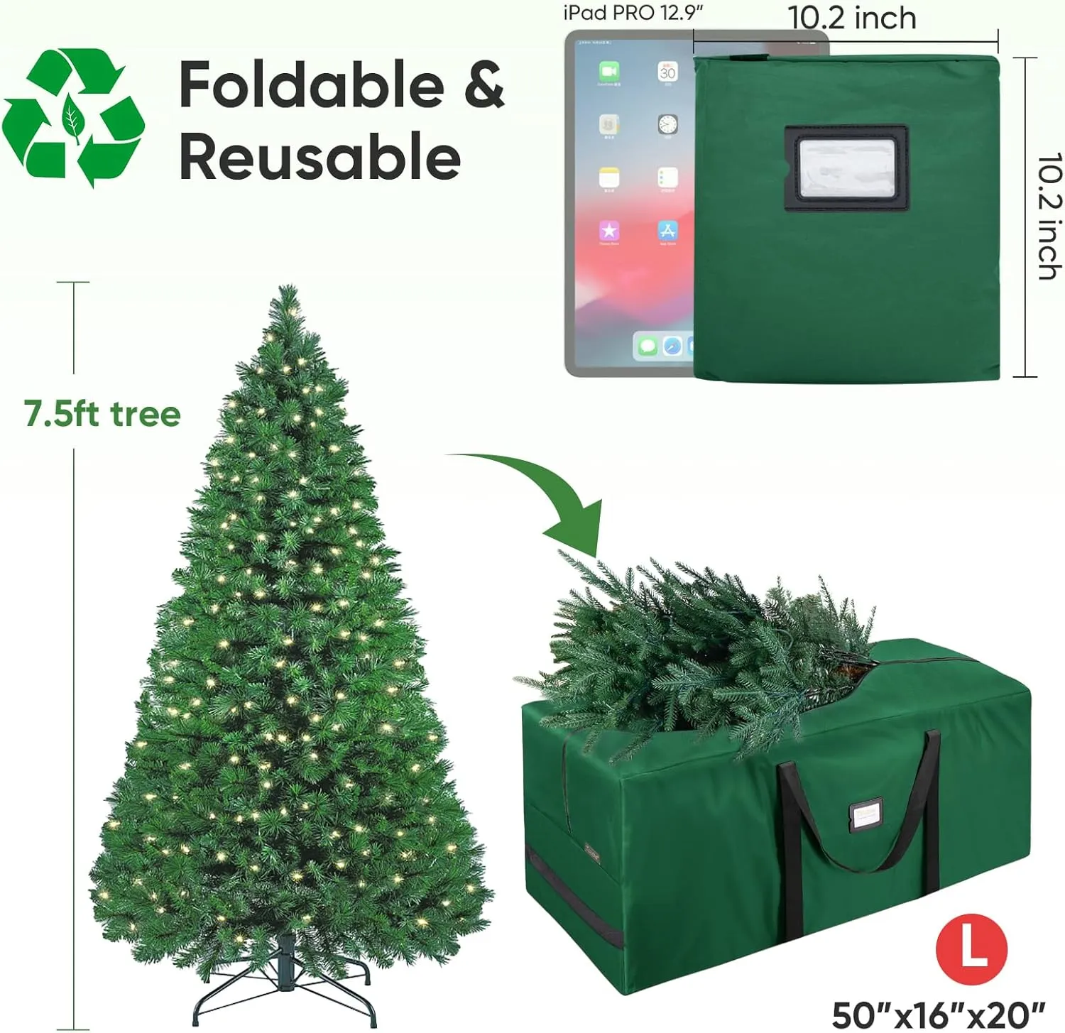 BALEINE 7.5 ft Christmas Tree Storage Bag, Heavy Duty 900D Oxford Fabric with Reinforced Handles and Dual Zippers Wide Opening, Extra Large Storage Container for Trees and Decorations (Green)