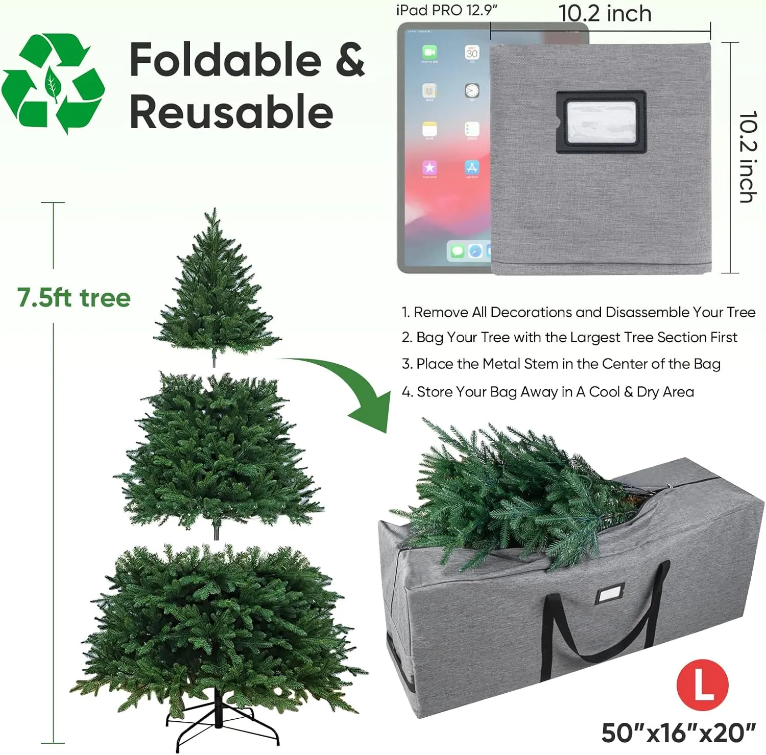 BALEINE 7.5 ft Christmas Tree Storage Bag, Heavy Duty 900D Oxford Fabric with Reinforced Handles and Dual Zippers Wide Opening, Extra Large Storage Container for Trees and Decorations (Grey)