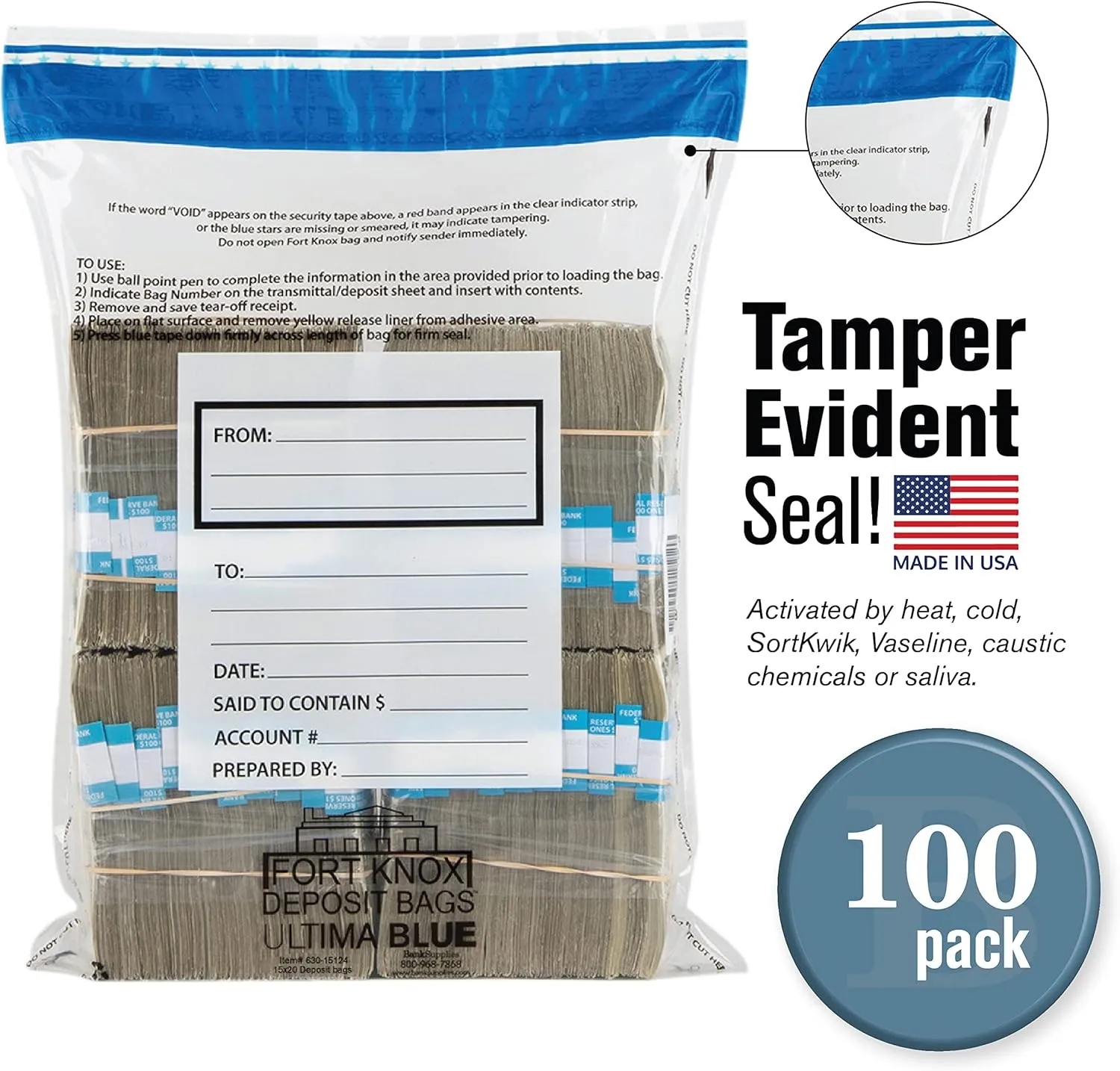 BankSupplies Ultima Blue Dual Pocket Clear Deposit Bags | 15W x 20H | Pack of 100 | Transit, Transfer, Valuables | Tamper Evident Tape | Captive Flap Closure | Security Deposit Bag