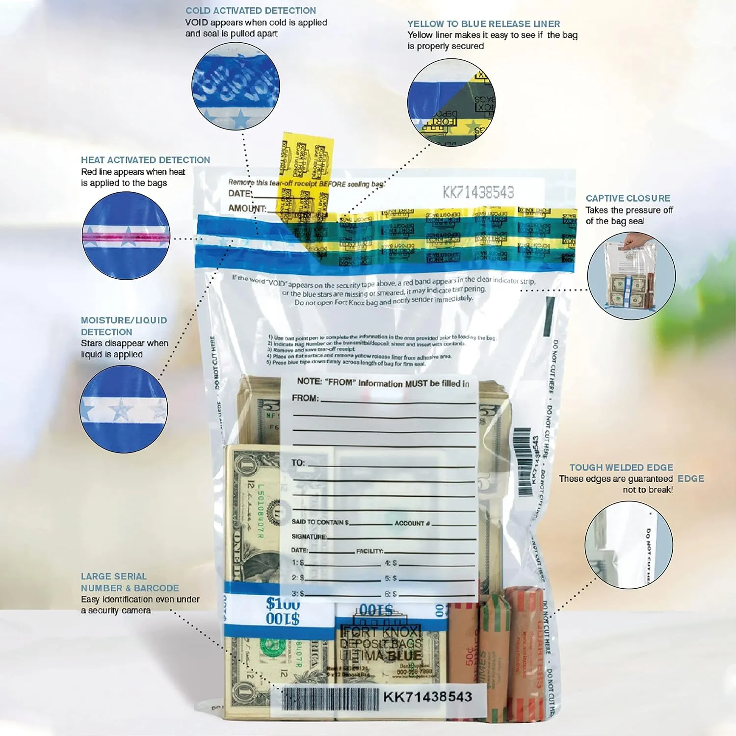 BankSupplies Ultima Blue Dual Pocket Clear Deposit Bags | 15W x 20H | Pack of 100 | Transit, Transfer, Valuables | Tamper Evident Tape | Captive Flap Closure | Security Deposit Bag