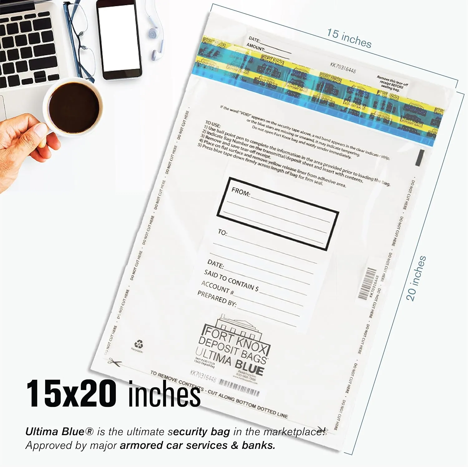 BankSupplies Ultima Blue Dual Pocket Clear Deposit Bags | 15W x 20H | Pack of 100 | Transit, Transfer, Valuables | Tamper Evident Tape | Captive Flap Closure | Security Deposit Bag