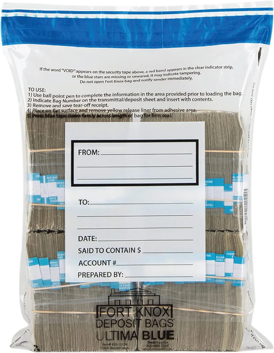 BankSupplies Ultima Blue Dual Pocket Clear Deposit Bags | 15W x 20H | Pack of 100 | Transit, Transfer, Valuables | Tamper Evident Tape | Captive Flap Closure | Security Deposit Bag