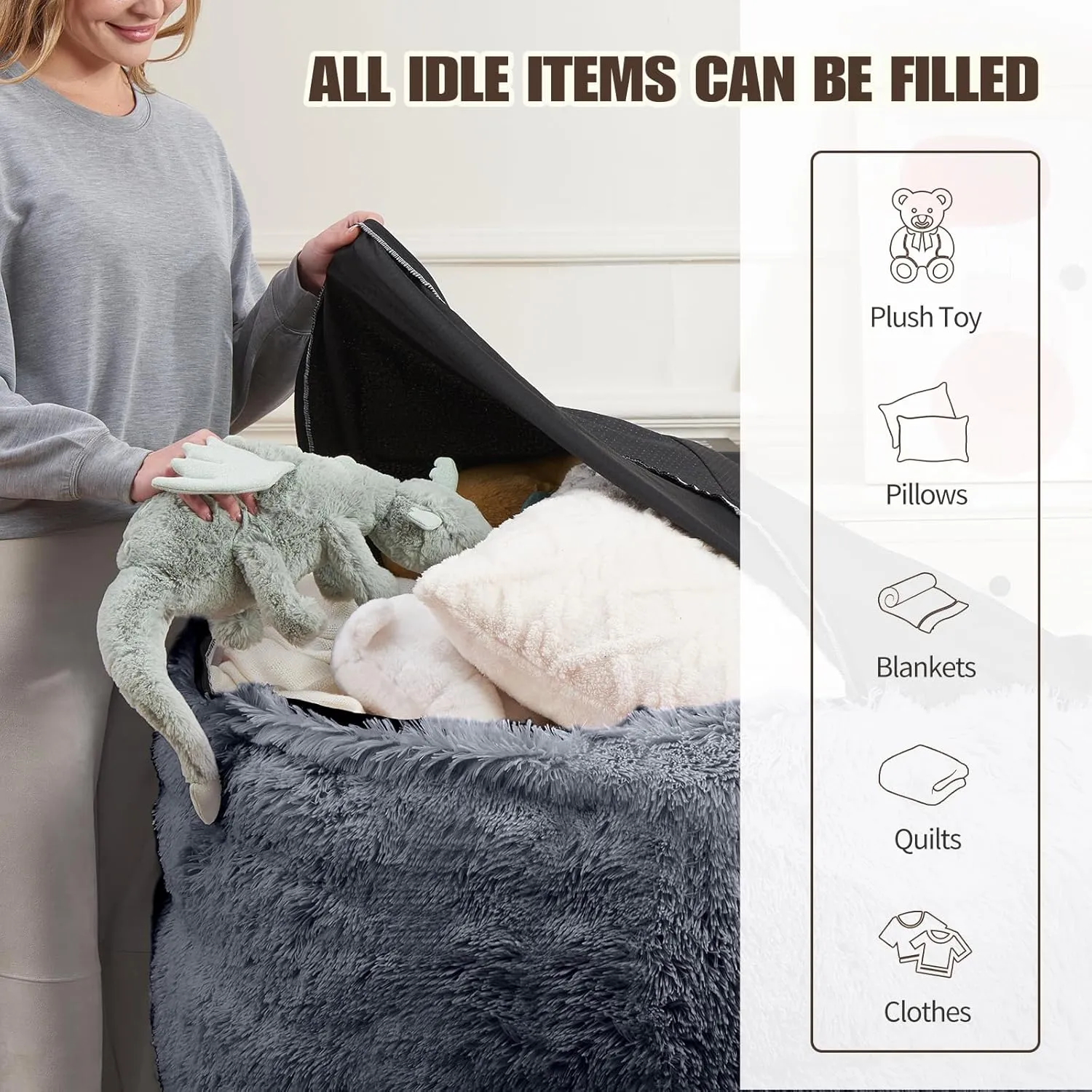 Bean Bag Chair Cover(No Filler) Soft Faux Fur Stuffed Animal Bean Bag Storage, Fluffy Plush Bean Bag Chair Cover Washable, Comfy Bean Bag Chairs for Adults Kids Teens