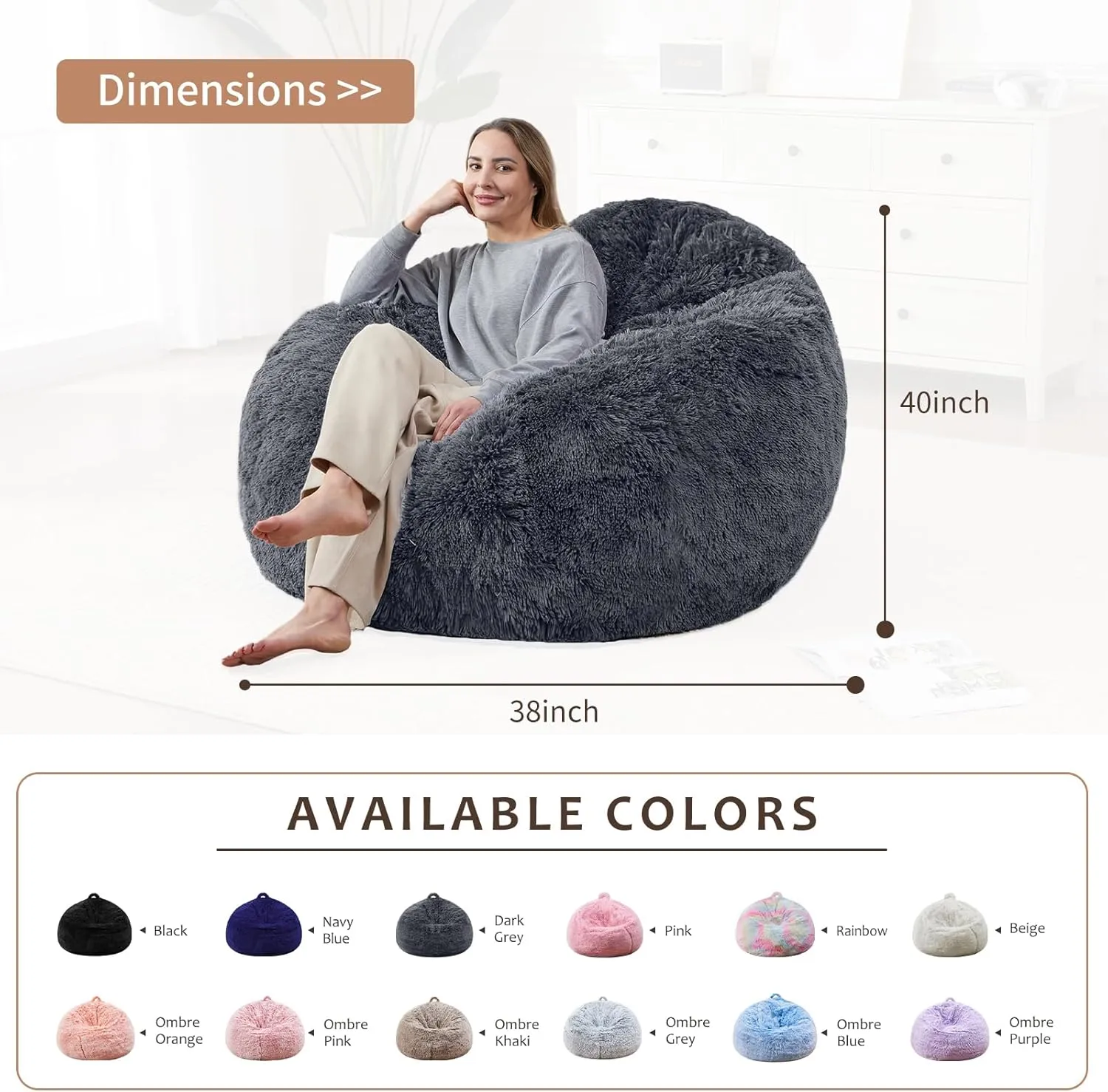 Bean Bag Chair Cover(No Filler) Soft Faux Fur Stuffed Animal Bean Bag Storage, Fluffy Plush Bean Bag Chair Cover Washable, Comfy Bean Bag Chairs for Adults Kids Teens