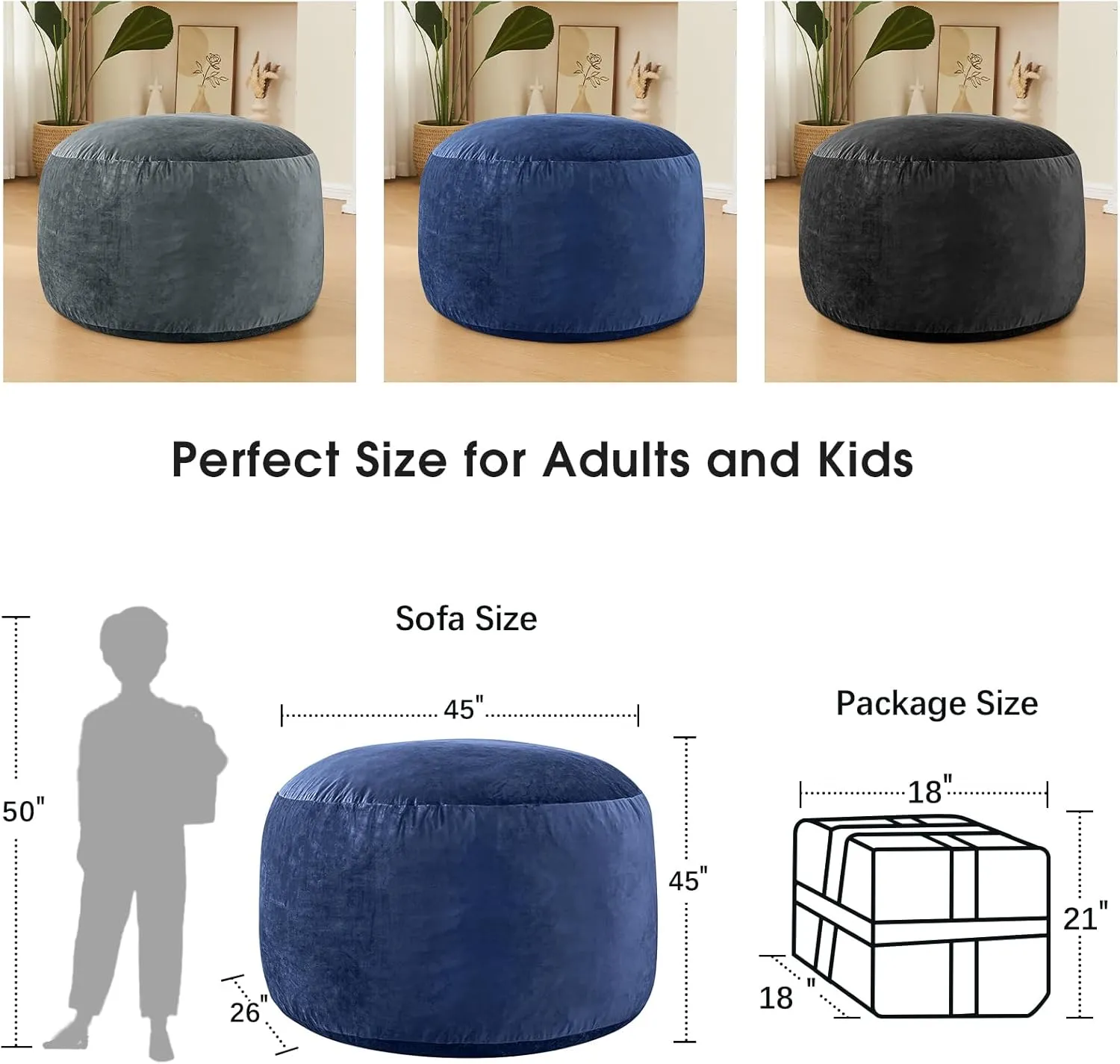 Bean Bag Chairs for Adults - Memory Foam Furniture BeanBag Chair - Kids/Teens Sofa with Soft Micro Fiber Cover - Round Fluffy Couch for Living Room Bedroom College Dorm - 4 ft, Navy