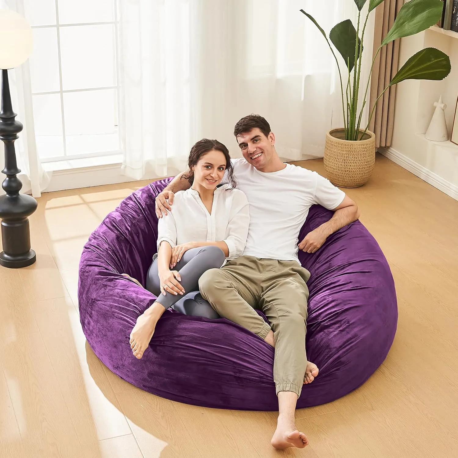 Bean Bag Chairs for Adults - Memory Foam Furniture BeanBag Chair - Kids/Teens Sofa with Soft Micro Fiber Cover - Round Fluffy Couch for Living Room Bedroom College Dorm - 4 ft, Purple