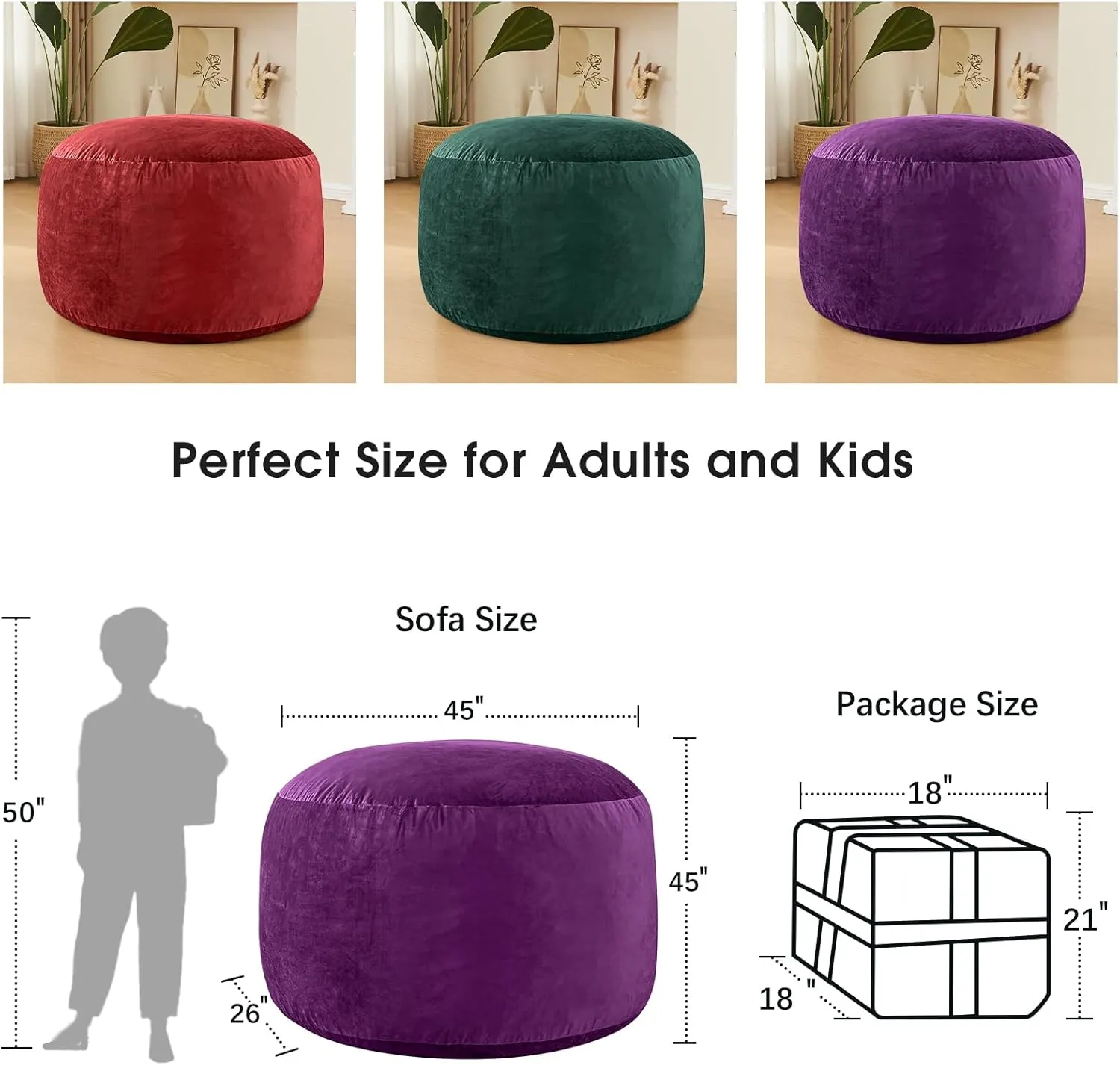 Bean Bag Chairs for Adults - Memory Foam Furniture BeanBag Chair - Kids/Teens Sofa with Soft Micro Fiber Cover - Round Fluffy Couch for Living Room Bedroom College Dorm - 4 ft, Purple