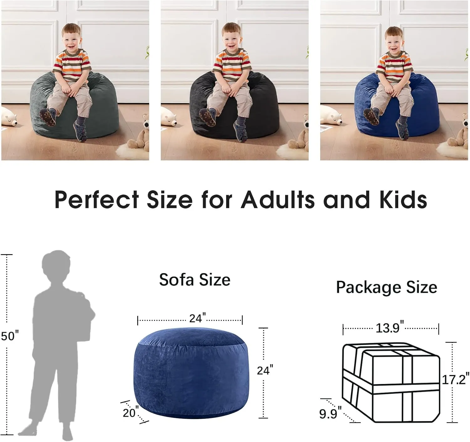 Bean Bag Chairs for Kids - Memory Foam Furniture BeanBag Chair - Kids/Teens Sofa with Soft Micro Fiber Cover - Round Fluffy Couch for Living Room Bedroom College Dorm - 2 ft, Navy