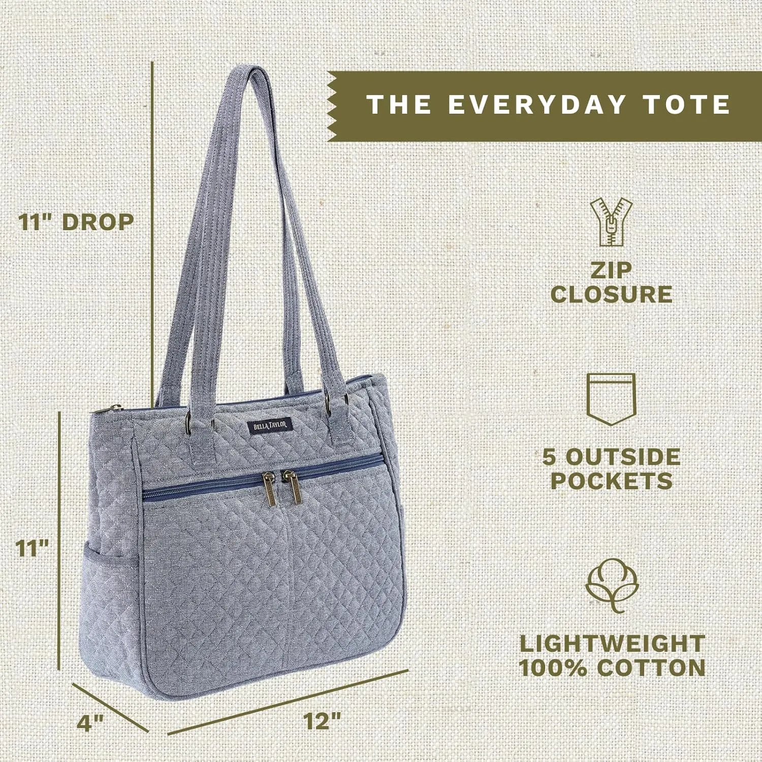 Bella Taylor Everyday Tote | Lightweight Quilted Fabric Handbags for Women