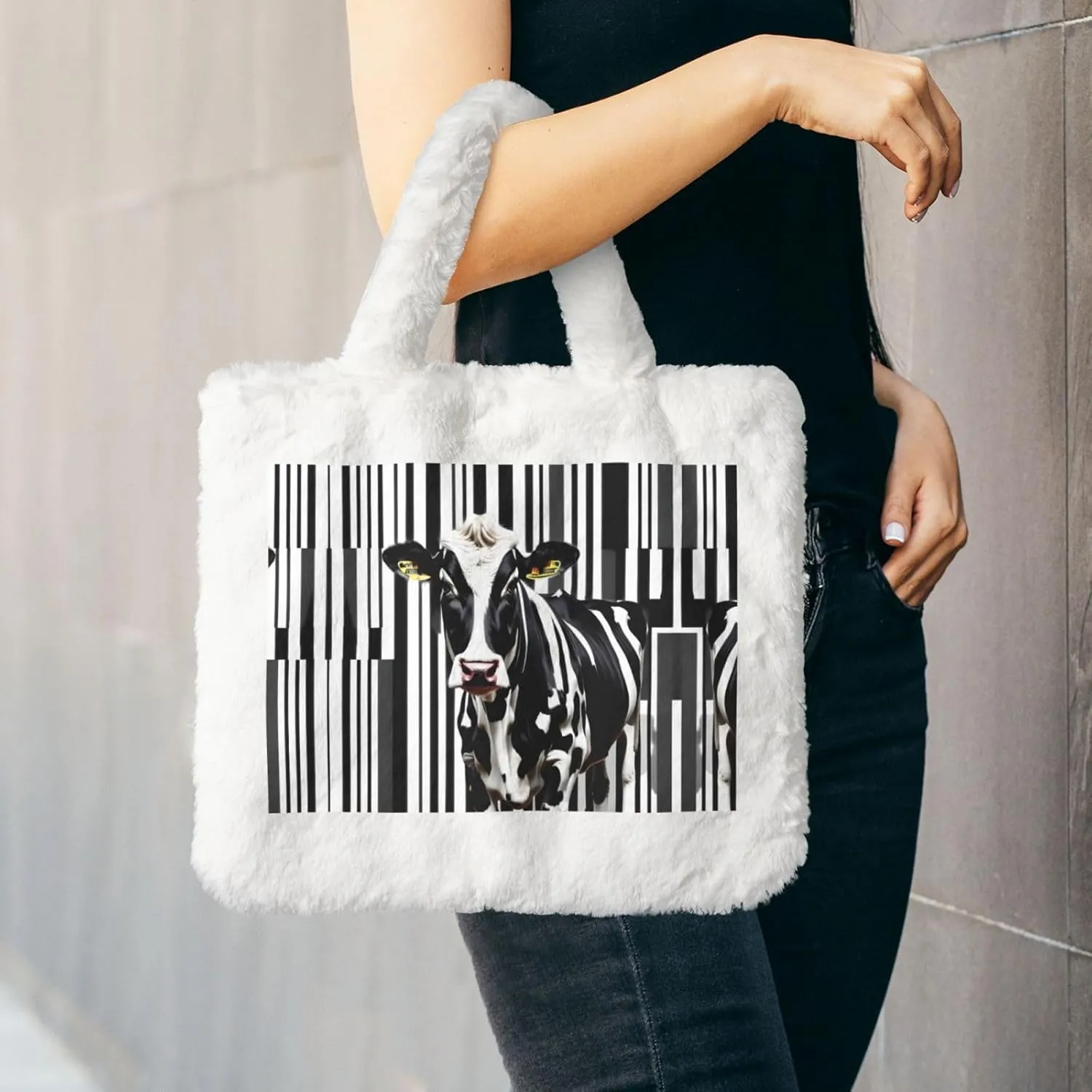Black White Milk Cow Printing Fluffy Shoulder Bag Ladies Plush Underarm Bag Tote Bag Furry Purse Handbag For Work Travel