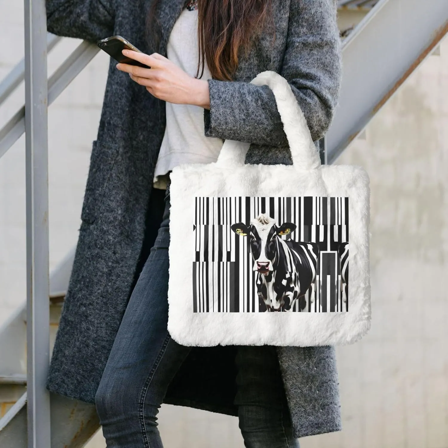 Black White Milk Cow Printing Fluffy Shoulder Bag Ladies Plush Underarm Bag Tote Bag Furry Purse Handbag For Work Travel