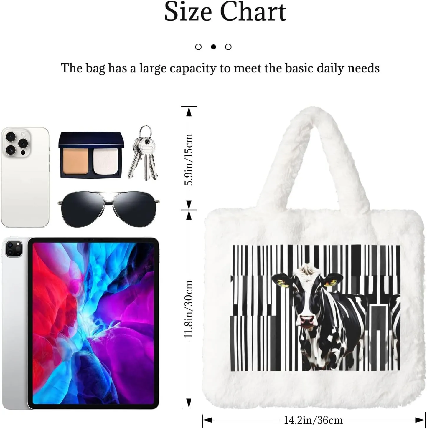 Black White Milk Cow Printing Fluffy Shoulder Bag Ladies Plush Underarm Bag Tote Bag Furry Purse Handbag For Work Travel