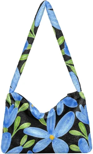 Blue Flax Flowers Fluffy Shoulder Bag Cute Plush Underarm Bags Women Ladies Tote Bag Girl Furry Purse Handbag for Autumn and Winter