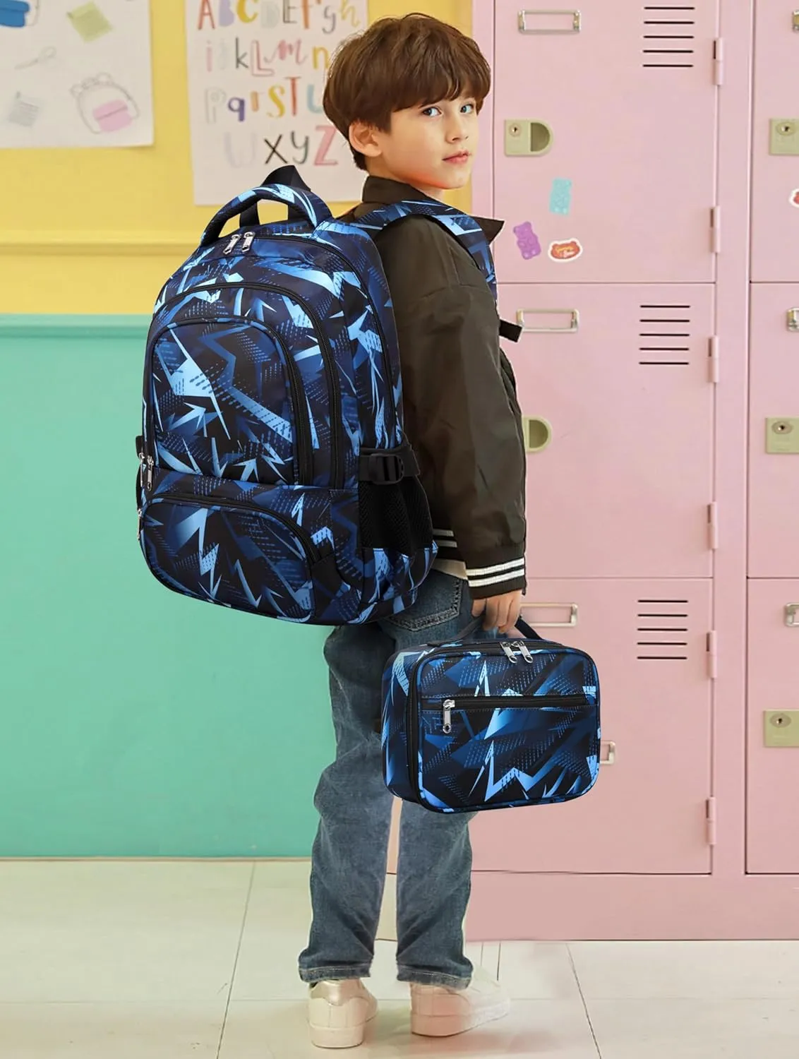 BLUEFAIRY Boys Backpack with Lunch Box Set for Kids Primary Elementary School Bags with Insulated Lunch Bags Back to School Bookbags Gifts for Son Grandson Aegean Blue