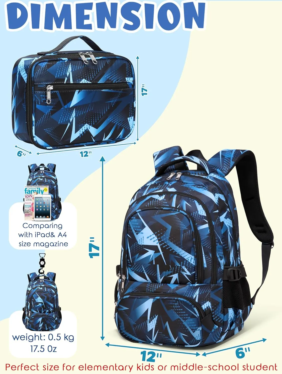 BLUEFAIRY Boys Backpack with Lunch Box Set for Kids Primary Elementary School Bags with Insulated Lunch Bags Back to School Bookbags Gifts for Son Grandson Aegean Blue