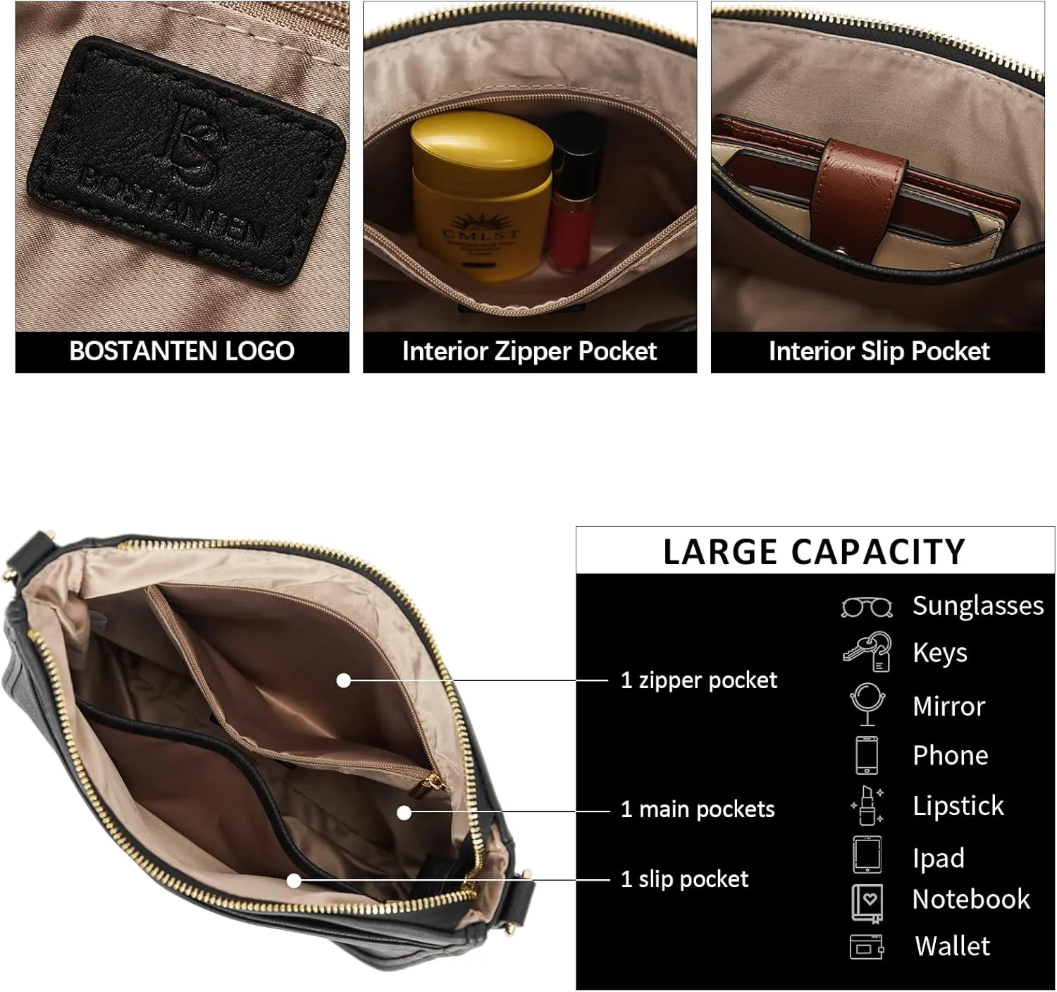 BOSTANTEN Crossbody Bags for Women Trendy Vegan Leather Hobo Purses Shoulder Handbags With Wide Shoulder Strap