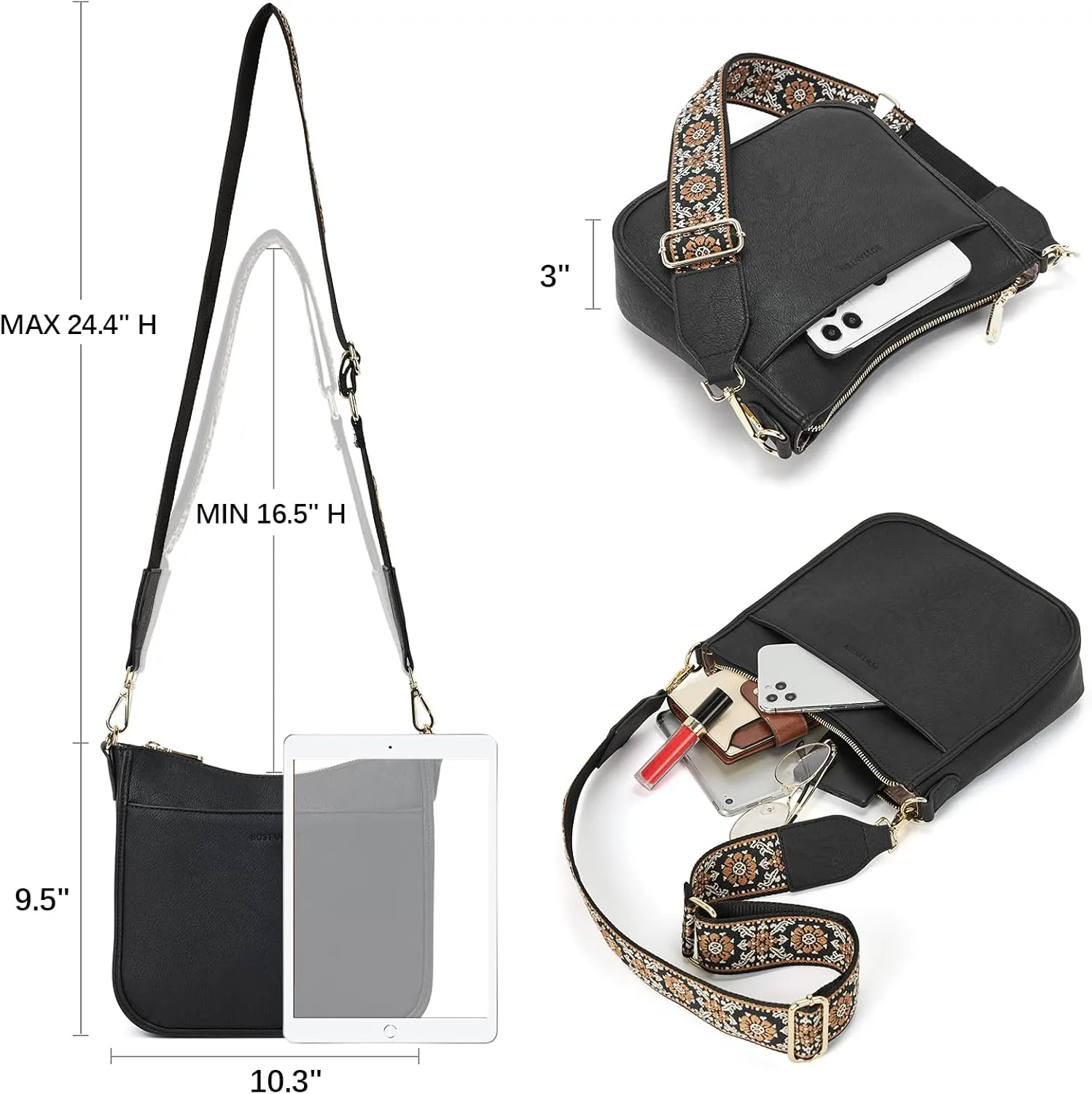 BOSTANTEN Crossbody Bags for Women Trendy Vegan Leather Hobo Purses Shoulder Handbags With Wide Shoulder Strap