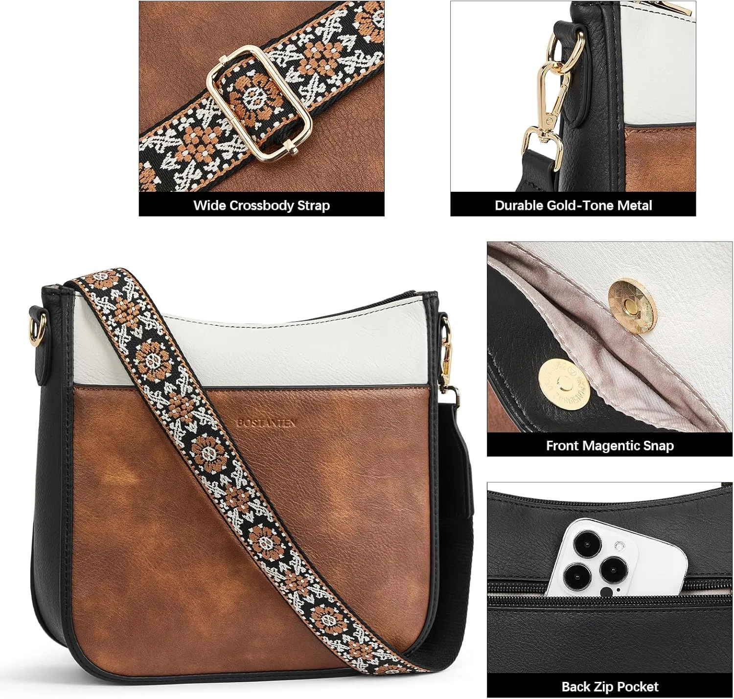 BOSTANTEN Crossbody Bags for Women Trendy Vegan Leather Hobo Purses Shoulder Handbags With Wide Shoulder Strap