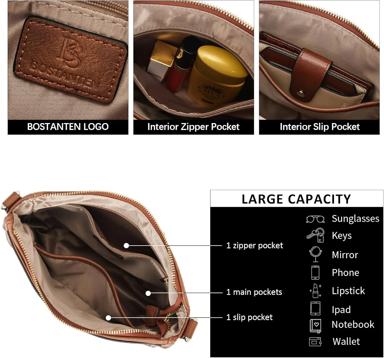 BOSTANTEN Crossbody Bags for Women Trendy Vegan Leather Hobo Purses Shoulder Handbags With Wide Shoulder Strap