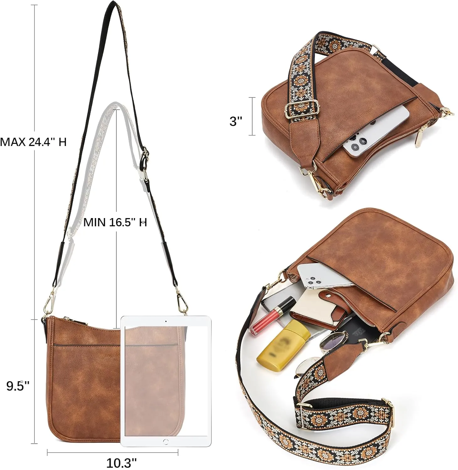 BOSTANTEN Crossbody Bags for Women Trendy Vegan Leather Hobo Purses Shoulder Handbags With Wide Shoulder Strap