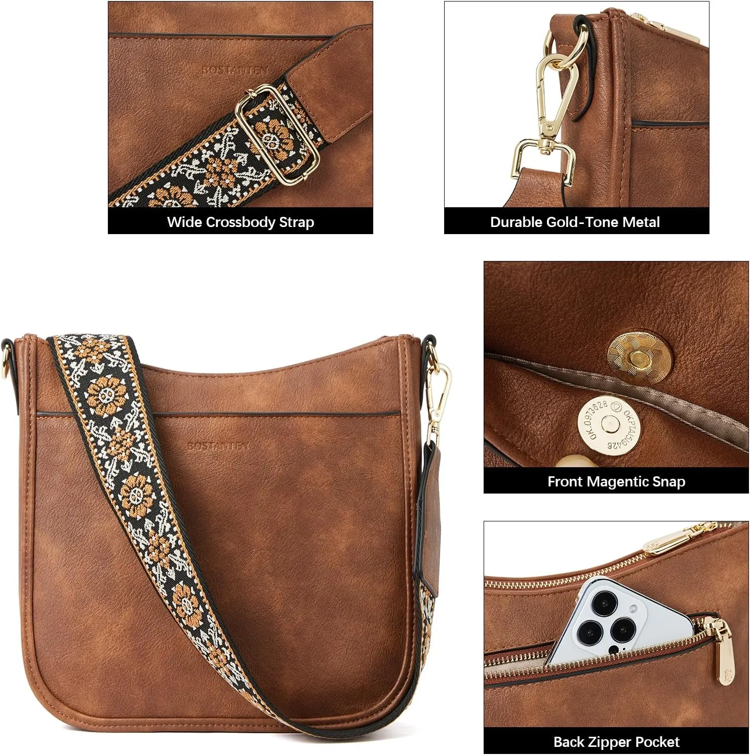 BOSTANTEN Crossbody Bags for Women Trendy Vegan Leather Hobo Purses Shoulder Handbags With Wide Shoulder Strap